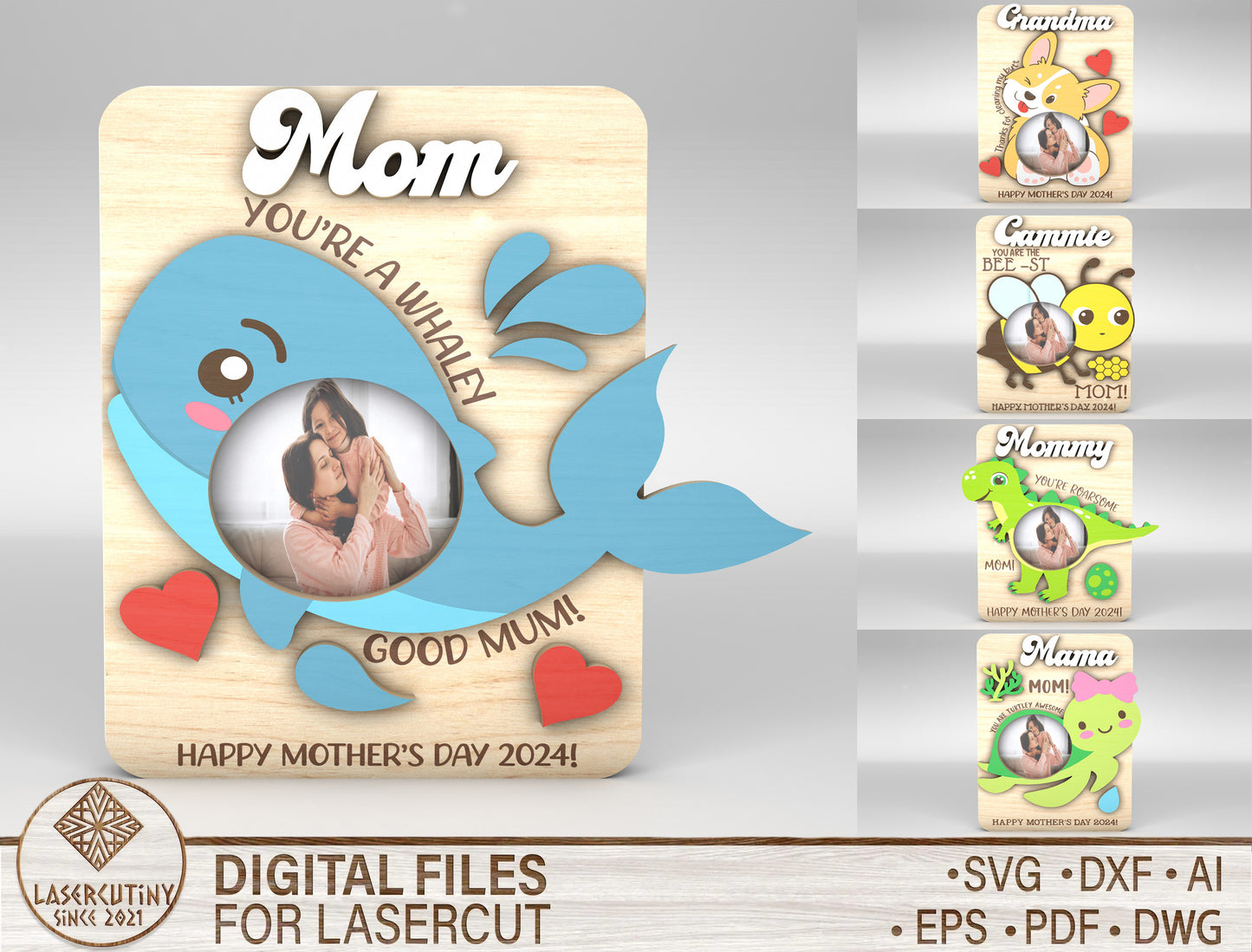 Mom Photo Frame Cute Animal Mother's Day SVG for Glowforge