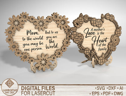 Floral Heart Mom Wooden Sign SVG Mother's Day Quote Laser Cut File for xTool and Glowforge