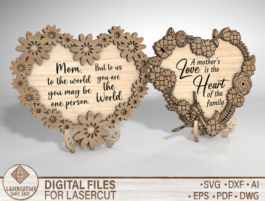 Floral Heart Mom Wooden Sign SVG Mother's Day Quote Laser Cut File for xTool and Glowforge