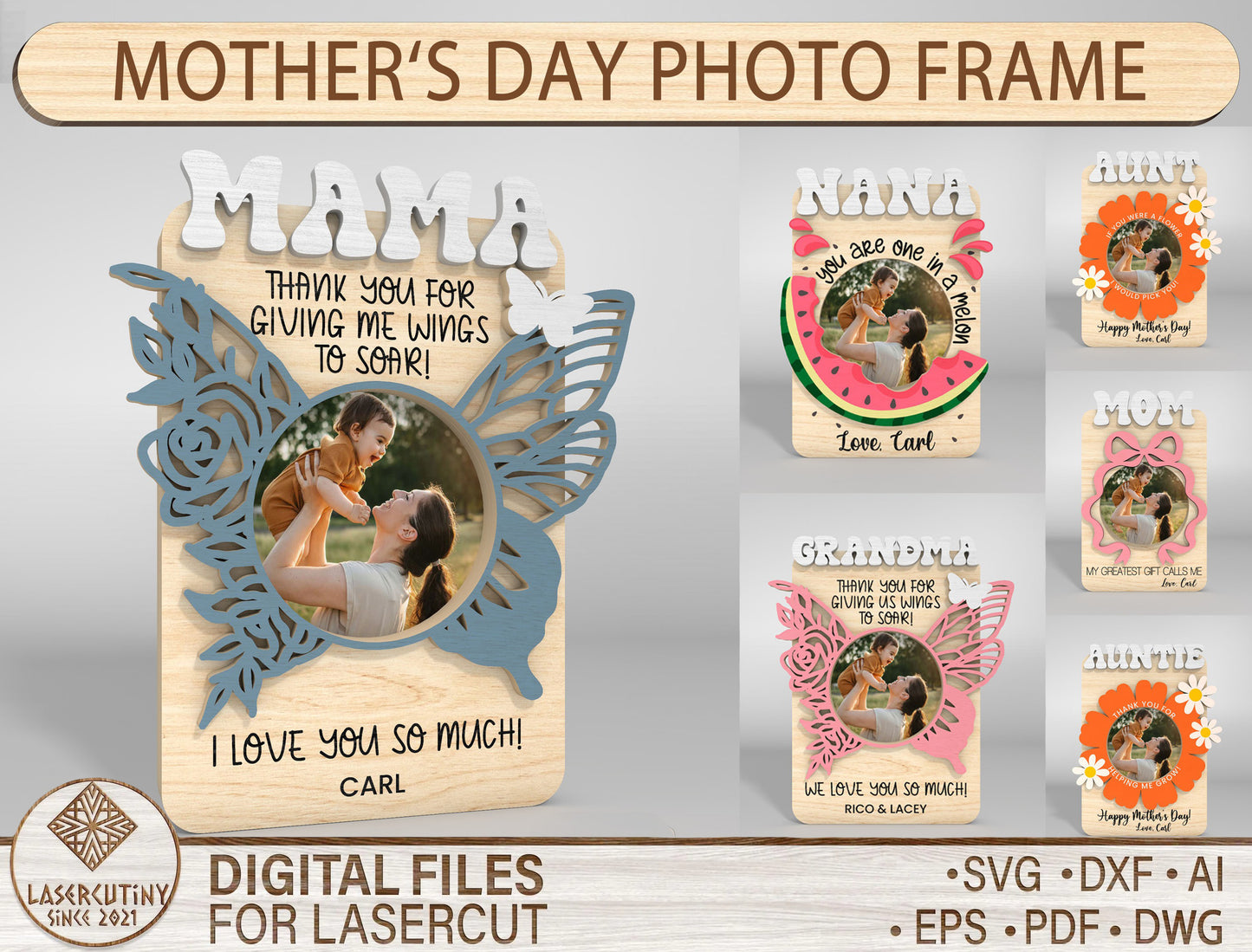 Personalized Photo Frame Mom Family SVG Bundle for Glowforge and xTool