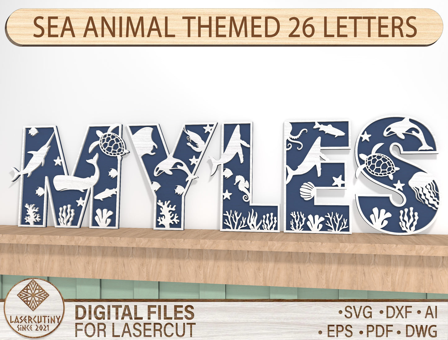 Sea Animal Alphabet SVG Laser Cut File for LightBurn and Glowforge