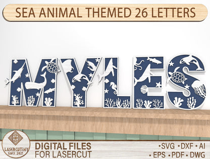 Sea Animal Alphabet SVG Laser Cut File for LightBurn and Glowforge