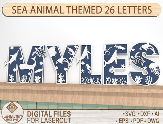 Sea Animal Alphabet SVG Laser Cut File for LightBurn and Glowforge