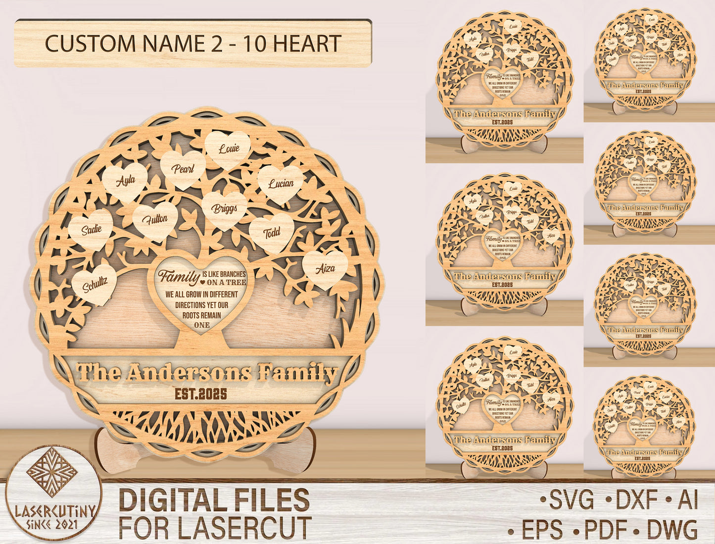 Personalized Family Tree Heart Plaque Sign SVG for Glowforge and xTool