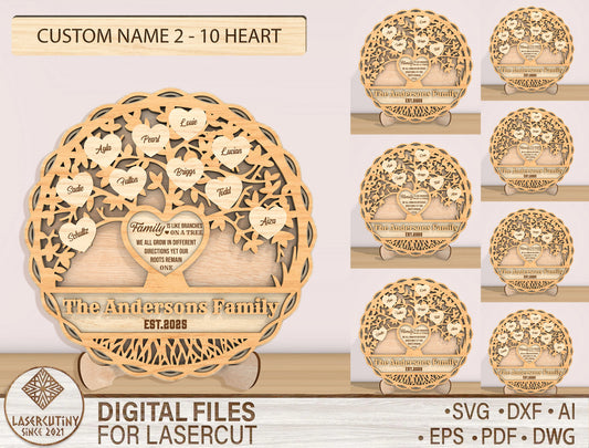 Personalized Family Tree Heart Plaque Sign SVG for Glowforge and xTool