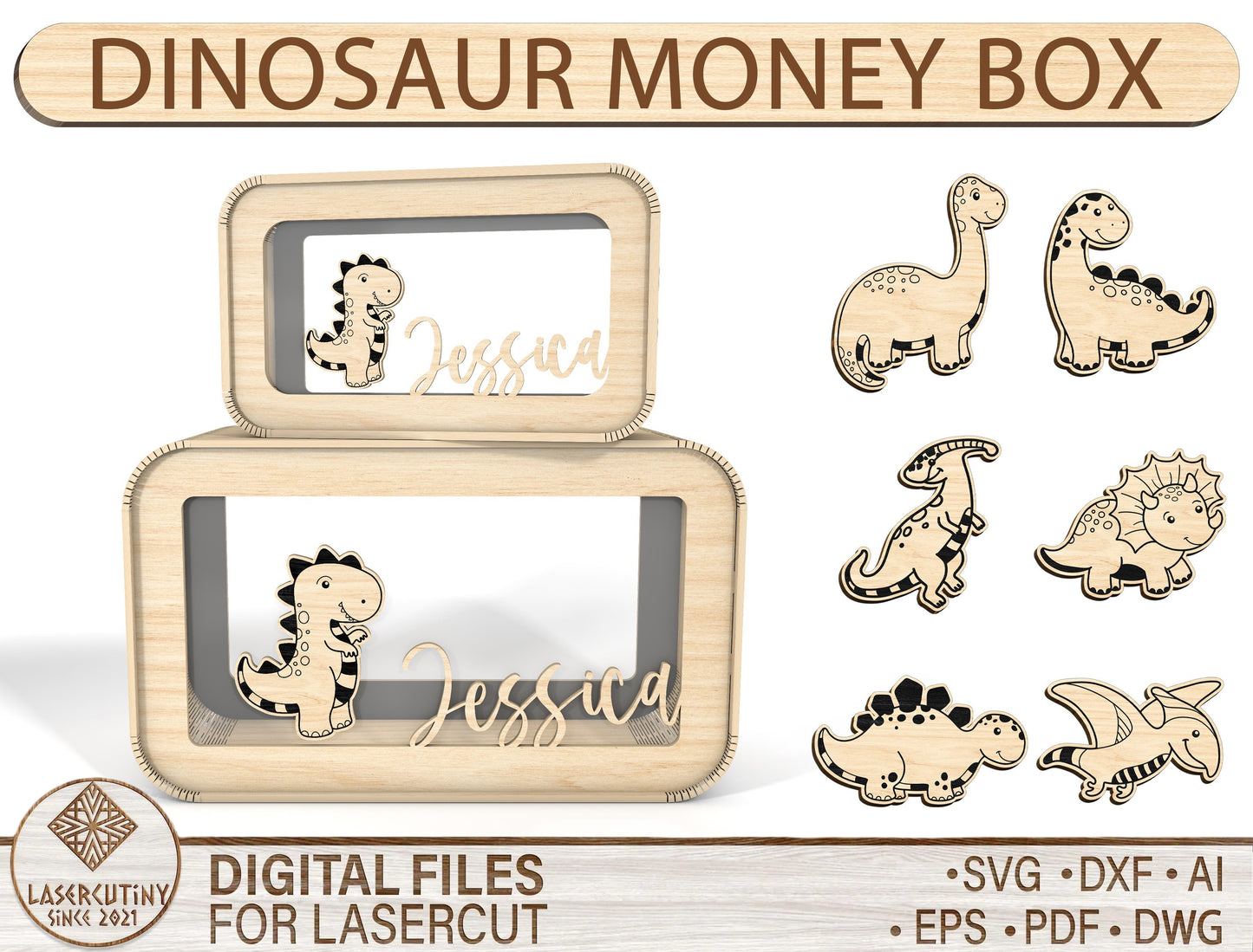 Personalized Dinosaur Money Box SVG Laser Cut File for xTool and LightBurn