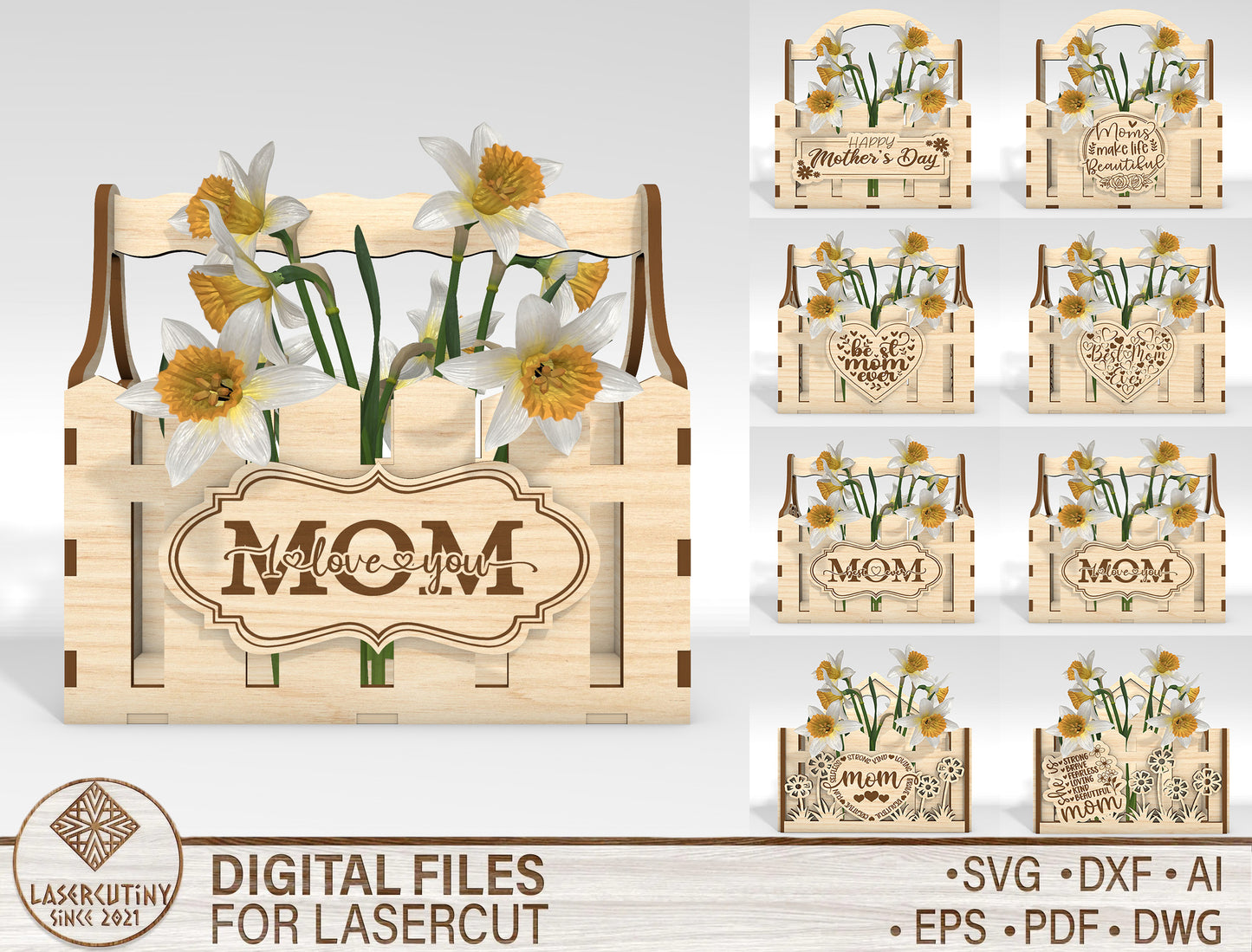 Mother's Day Flower Basket SVG Engraved Floral Gift Laser Cut File for Glowforge and xTool