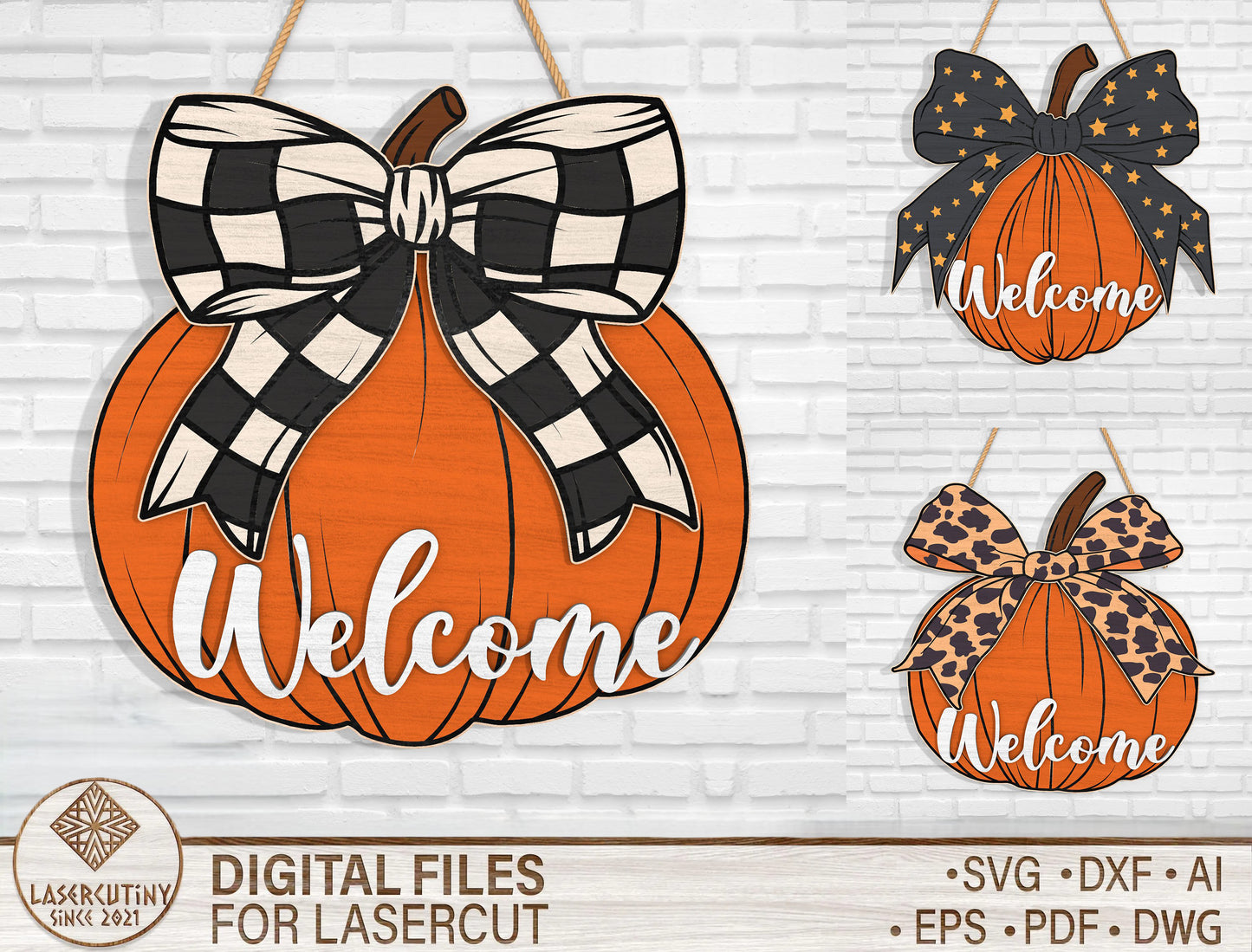 Welcome Pumpkin Bow Door Hanger SVG Bundle for Glowforge xTool LightBurn 3 Designs