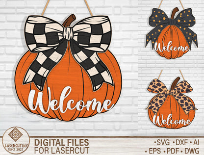 Welcome Pumpkin Bow Door Hanger SVG Bundle for Glowforge xTool LightBurn 3 Designs