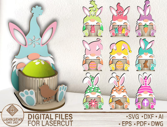 Cute Bunny Gnome Egg Basket Holder SVG Bundle 10 Designs for Glowforge and xTool