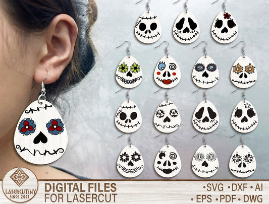 Easter Skull Egg Earrings Laser Cut File – Easter Jewelry SVG – Floral Skull Egg Dangle Earrings