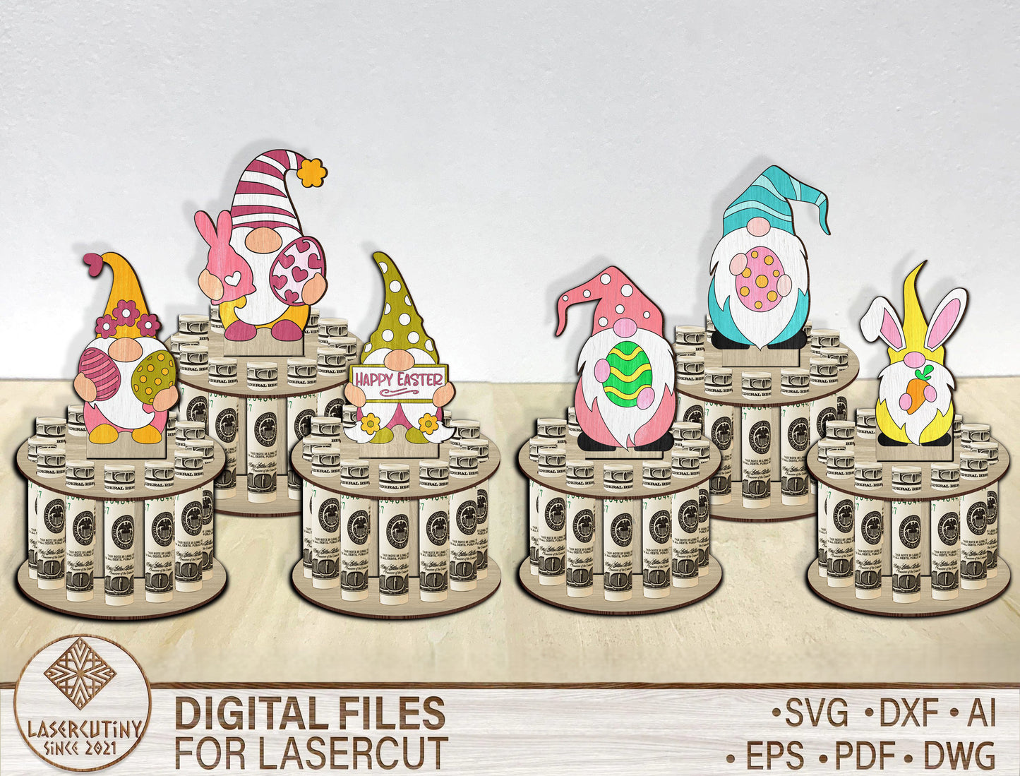 Easter Gnome Money Holder SVG Bundle 6 Cute Bunny Gnome for LightBurn
