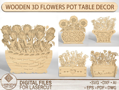 Wooden 3D Flower Pot SVG Floral Basket Decor for LightBurn and xTool