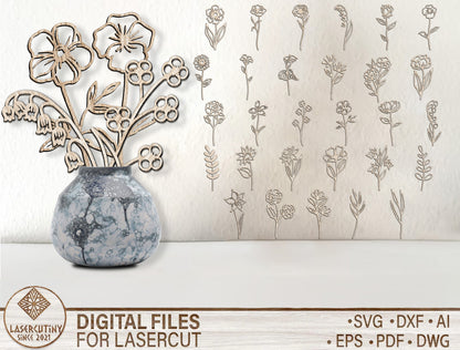 Botanical Flower Stem Detailed Line Art SVG for xTool and Glowforge