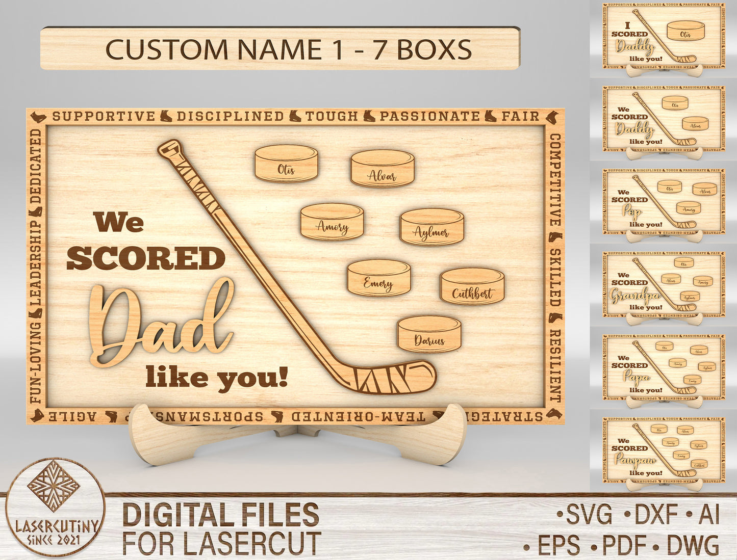"We Scored a Dad Like You" Hockey Trophy Sign SVG Laser Cut File for Glowforge and xTool
