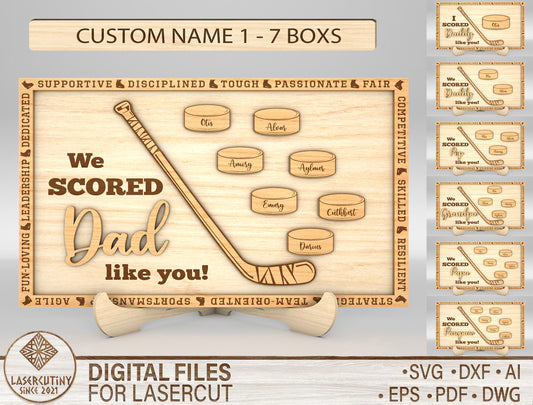 "We Scored a Dad Like You" Hockey Trophy Sign SVG Laser Cut File for Glowforge and xTool