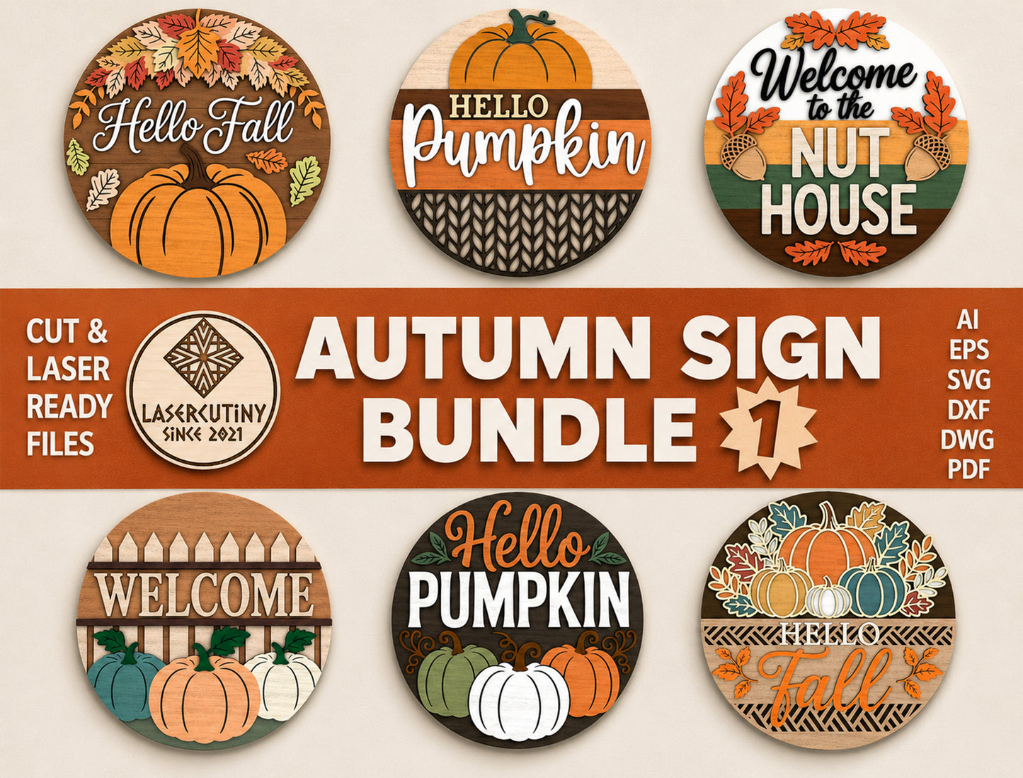 Fall Pumpkin Welcome and Nut House Door Hanger SVG Bundle for Glowforge xTool LightBurn 6 Designs