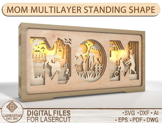 Mom Family Multilayer Shadow Box SVG Standing Decor for LightBurn
