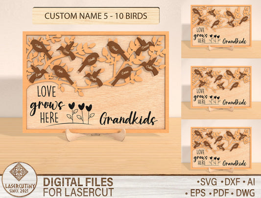 Bird Family Frame SVG Personalized Grandma Gift Laser Cut File for Glowforge and LightBurn