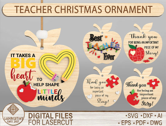 Teacher Christmas Ornament Bundle SVG for LightBurn and Glowforge