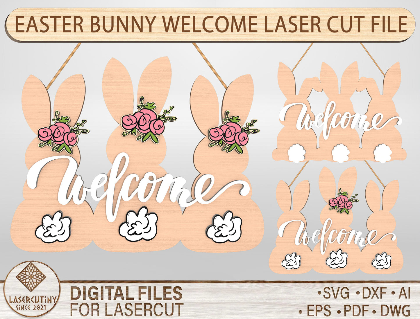 Easter Bunny Silhouette Welcome Sign SVG Bundle Door Hanger for LightBurn