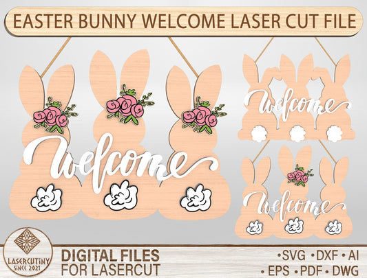 Easter Bunny Silhouette Welcome Sign SVG Bundle Door Hanger for LightBurn