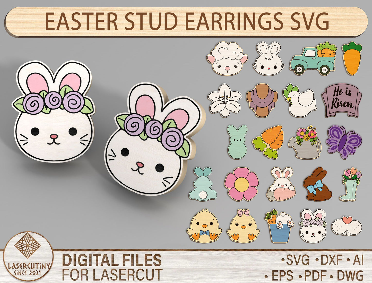 Easter Stud Earrings SVG Bundle Bunny Chick Floral for LightBurn and xTool