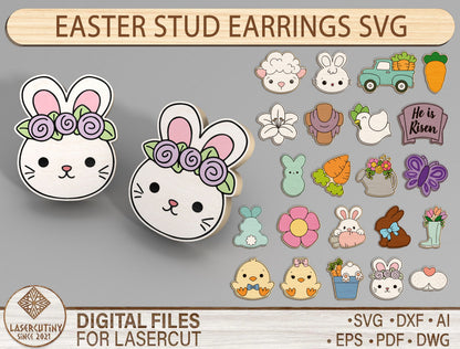 Easter Stud Earrings SVG Bundle Bunny Chick Floral for LightBurn and xTool