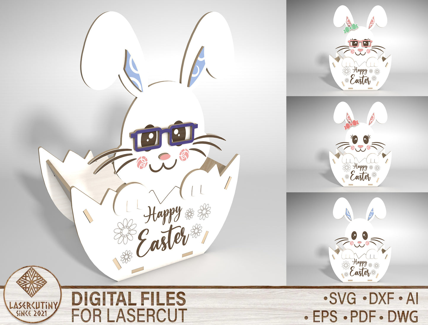Easter Egg Bunny Basket SVG Spring Candy Holder Wooden for Glowforge and xTool