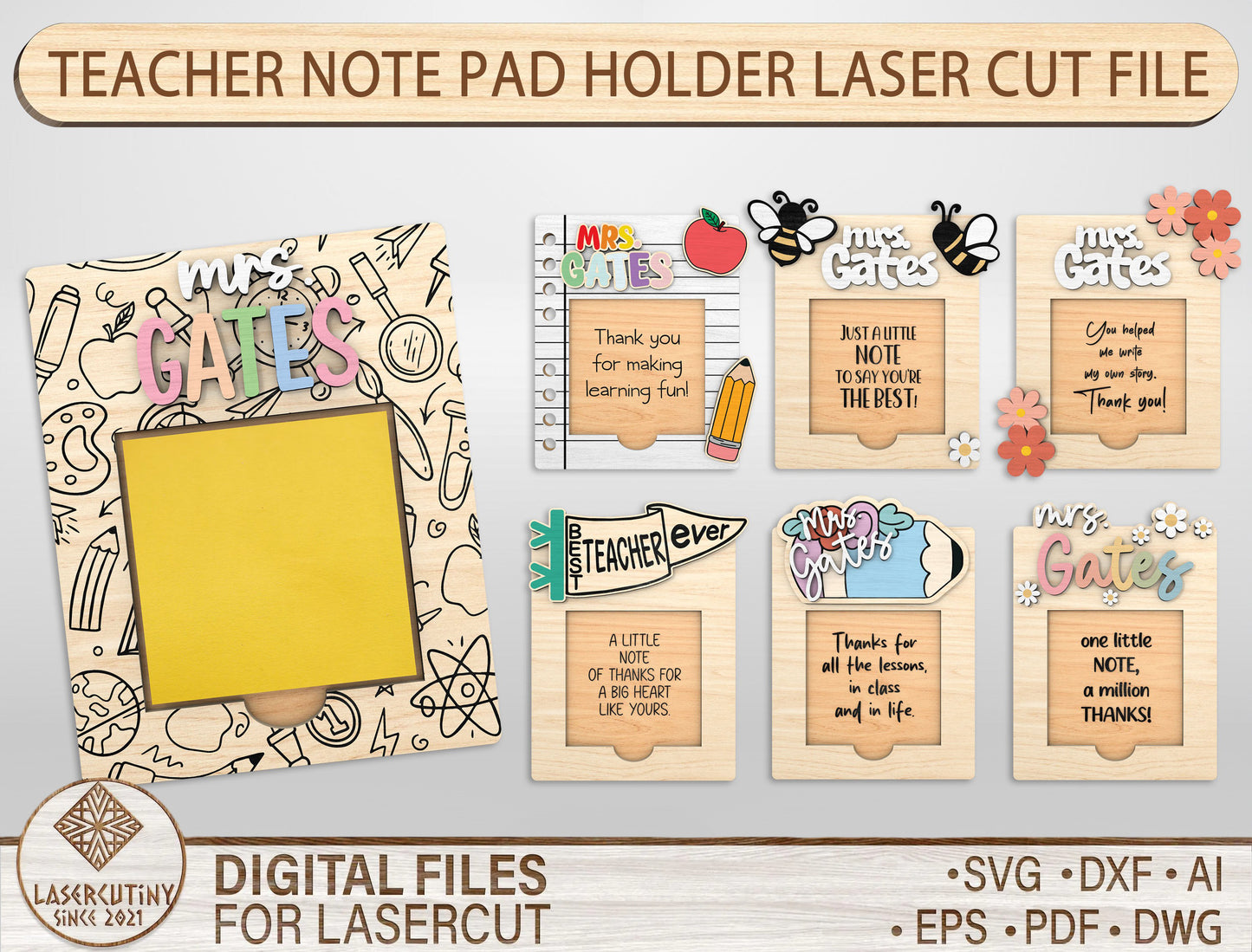 Personalized Teacher Note Pad Holder Bundle Laser Cut File for xTool and Glowforge