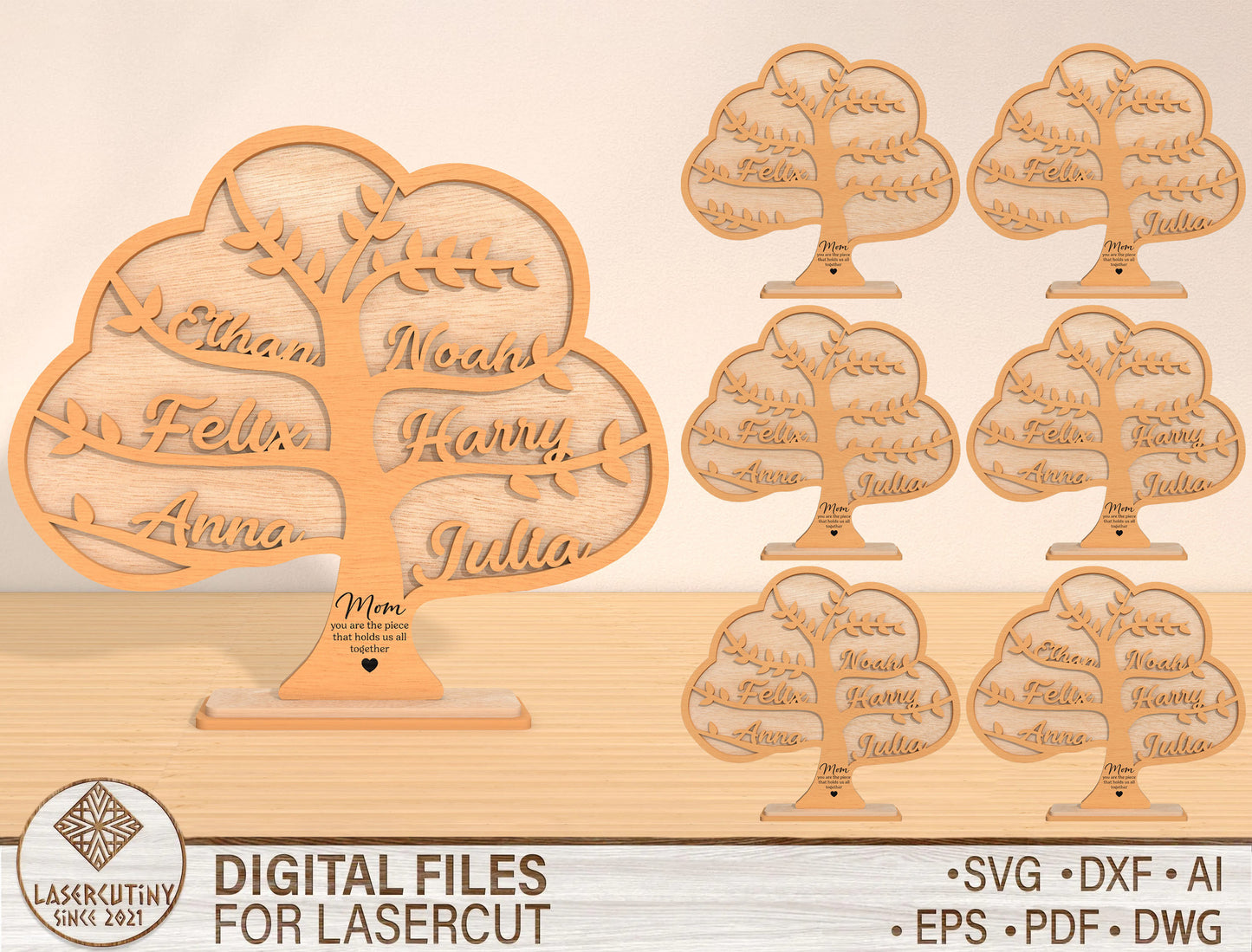 Family Tree Name Sign SVG Mother's Day Wooden Decor for Glowforge