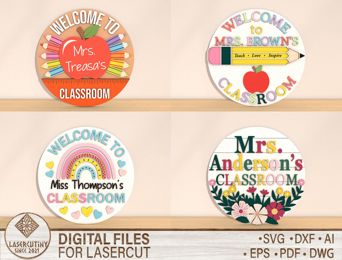 Teacher Apple Door Sign SVG Bundle Laser Cut File for Glowforge and xTool