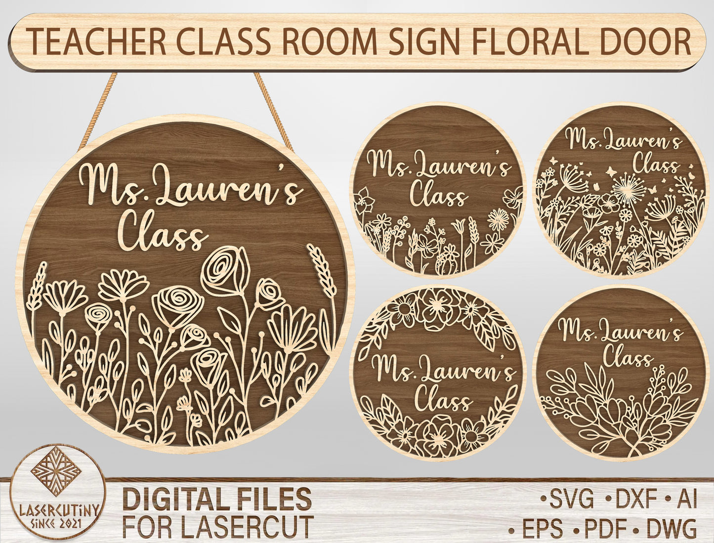 Personalized Engraved Floral Classroom Door Sign Laser Cut File for xTool and Glowforge