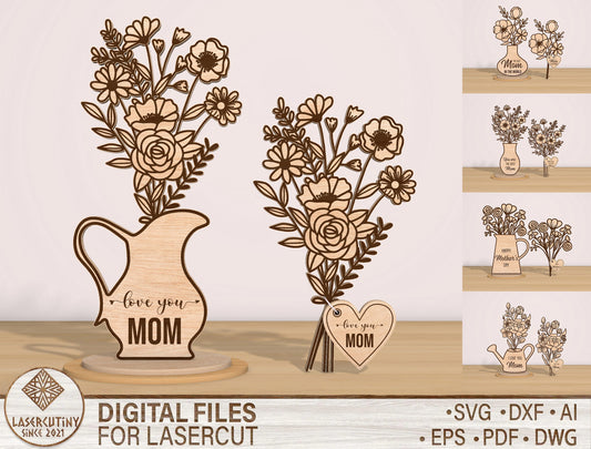 Mom Flower Vase Decor SVG Bundle 5 Vases and Tags for xTool and LightBurn