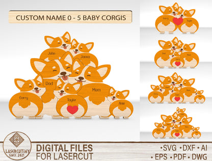 Personalized Family Corgi Puzzle SVG for xTool and Glowforge