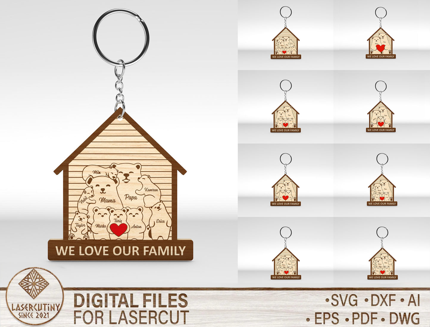 Bear Family Keychain SVG Personalized Bear House Sign for xTool