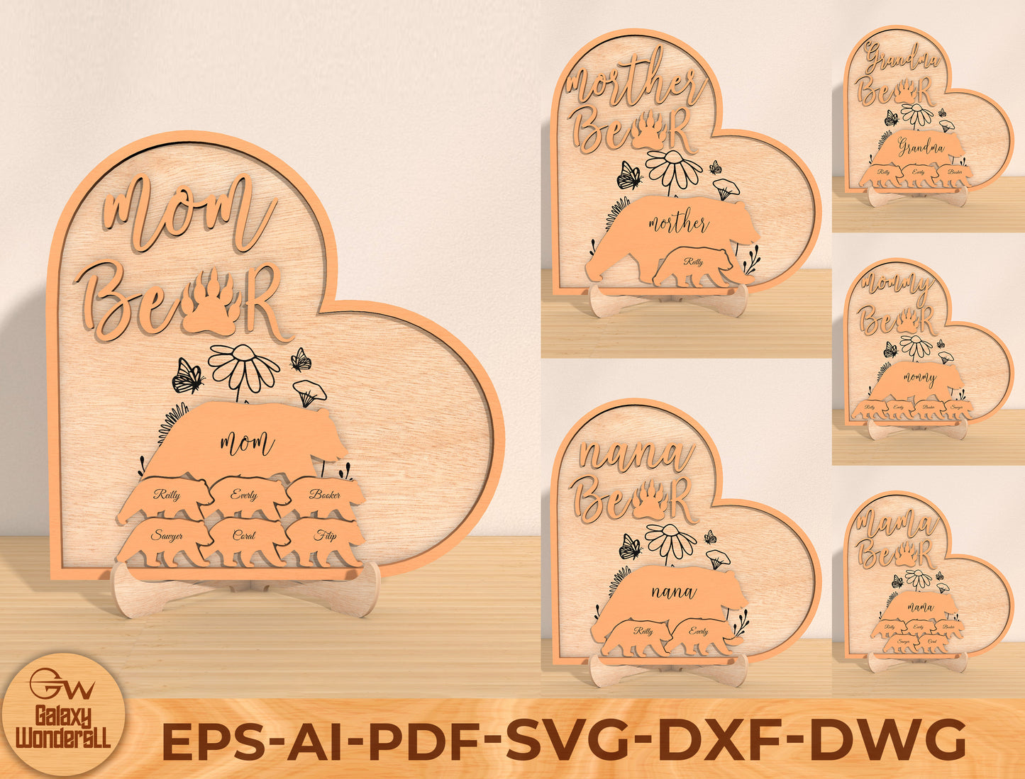 Mom Bear Family Laser Cut File | Personalized Mother’s Day Decor | Bear Cub Name Sign | Glowforge, xTool, LightBurn, etc..
