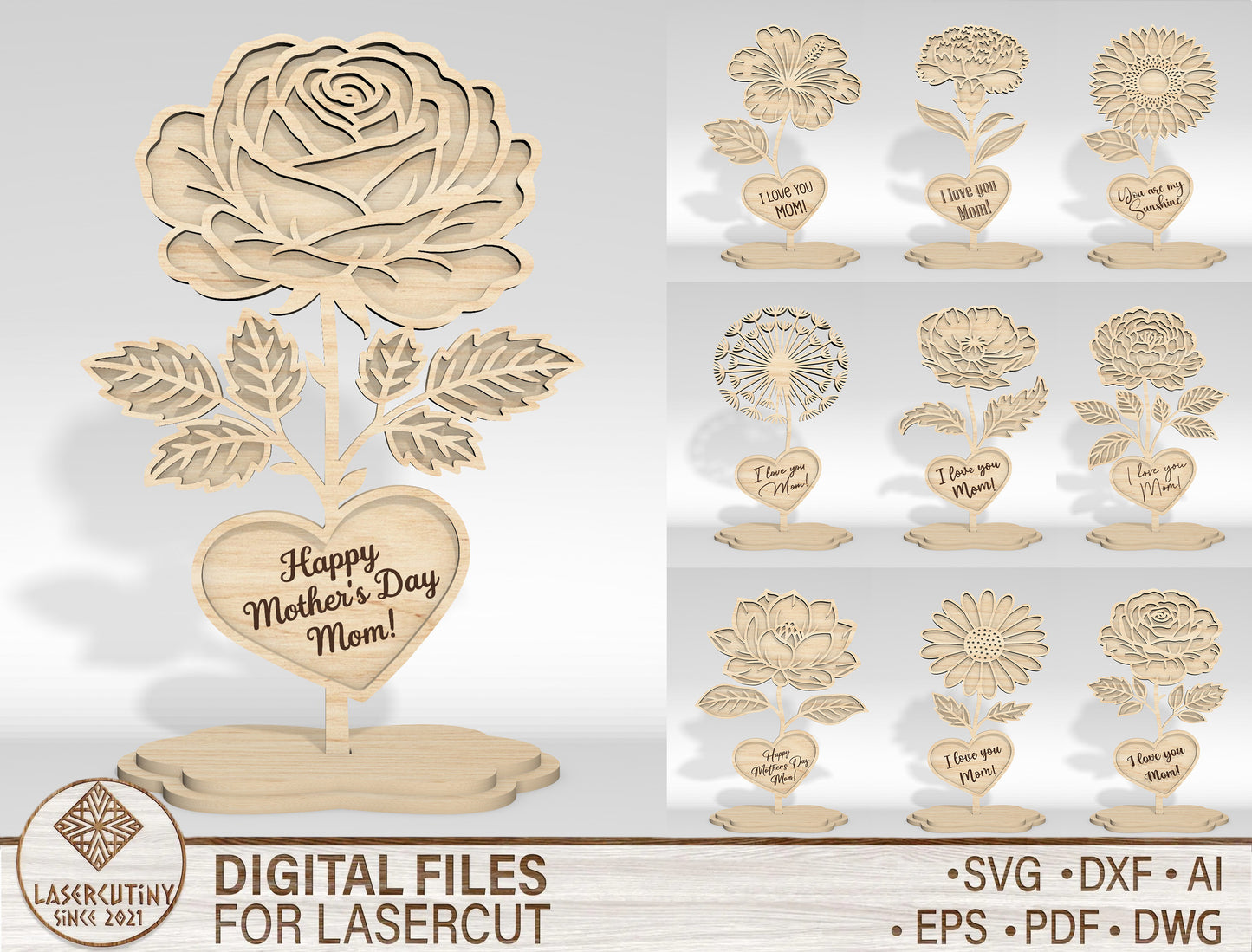 Mother's Day Flower Stand SVG Bundle 10 Designs for Glowforge and xTool
