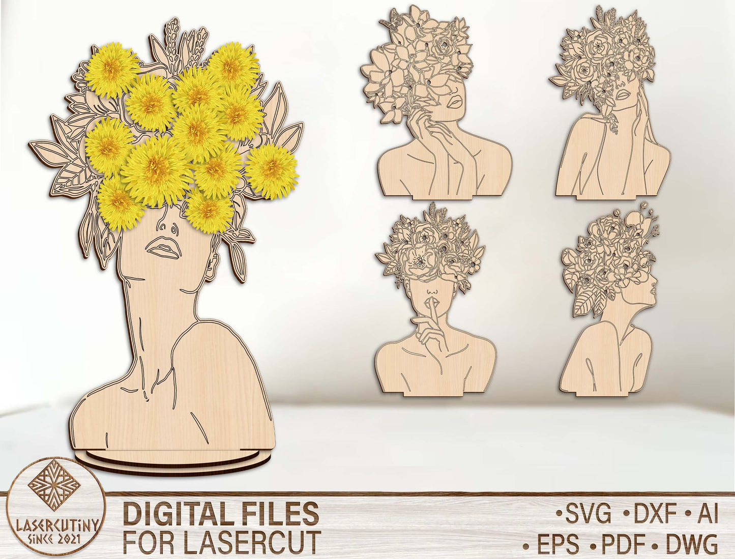 Floral Woman Bust Stand SVG Elegant Botanical Line Art for xTool
