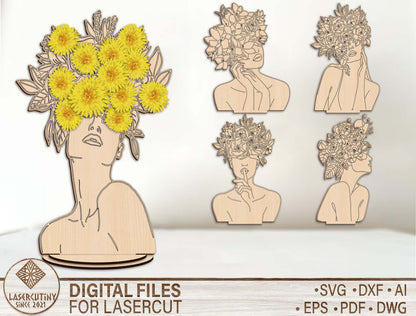Floral Woman Bust Stand SVG Elegant Botanical Line Art for xTool