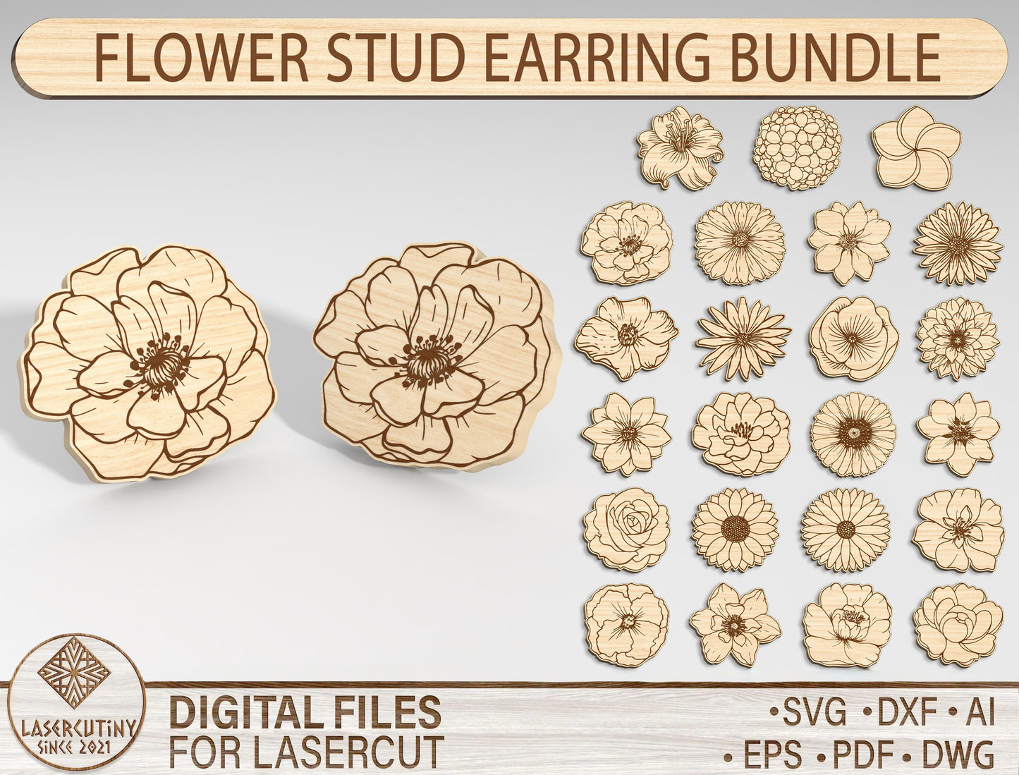 Flower Stud Earring SVG Bundle Minimal Floral for Glowforge and xTool