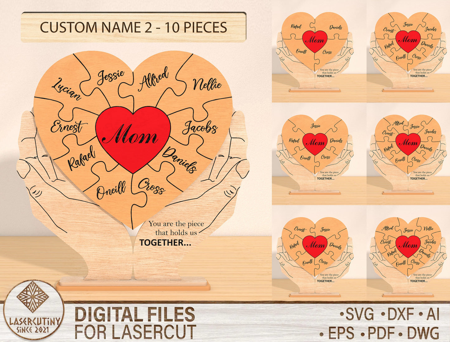 Personalized Mom Puzzle Heart Sign SVG for Glowforge and xTool