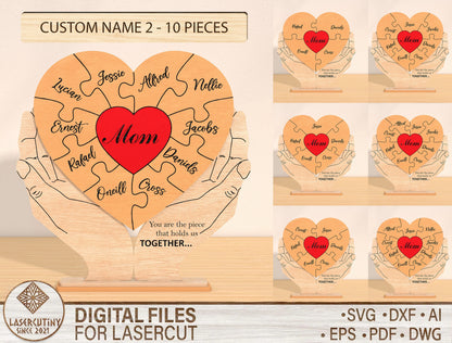 Personalized Mom Puzzle Heart Sign SVG for Glowforge and xTool