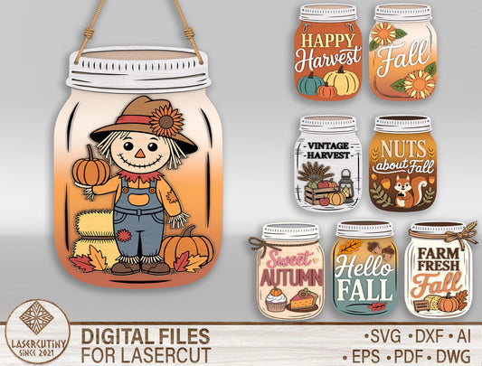 Fall Mason Jar Door Hanger SVG Bundle for Glowforge xTool LightBurn 8 Designs