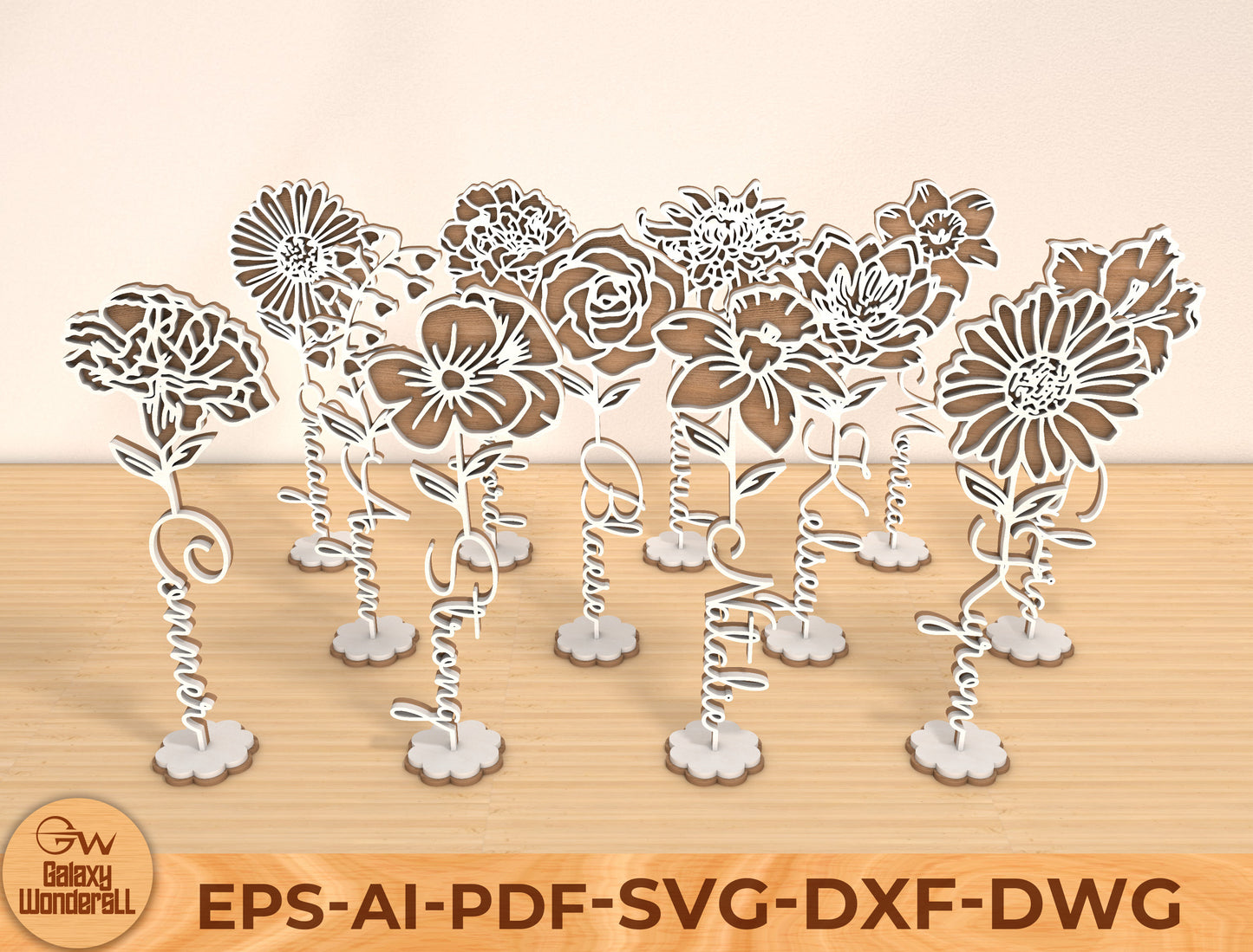 Month Flower Name Stand Laser Cut File Bundle | Floral Decor | Mother’s Day Design | Glowforge, xTool, LightBurn, etc.