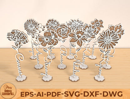 Month Flower Name Stand Laser Cut File Bundle | Floral Decor | Mother’s Day Design | Glowforge, xTool, LightBurn, etc.
