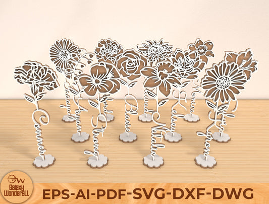 Month Flower Name Stand Laser Cut File Bundle | Floral Decor | Mother’s Day Design | Glowforge, xTool, LightBurn, etc.