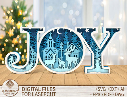 JOY Christmas SVG Multilayer Winter Scene Laser Cut File