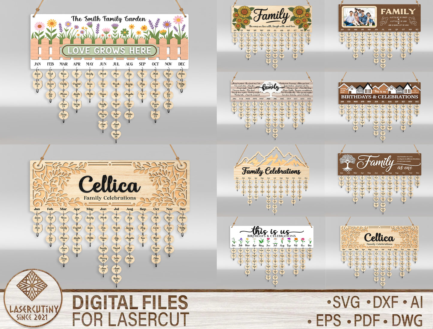 Personalized Family Name Sign SVG Hanging Heart Wall Decor Laser Cut File for LightBurn and xTool