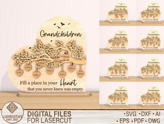 Grandchildren Heart Sign SVG Personalized Family Tree Laser Cut File for Glowforge and xTool